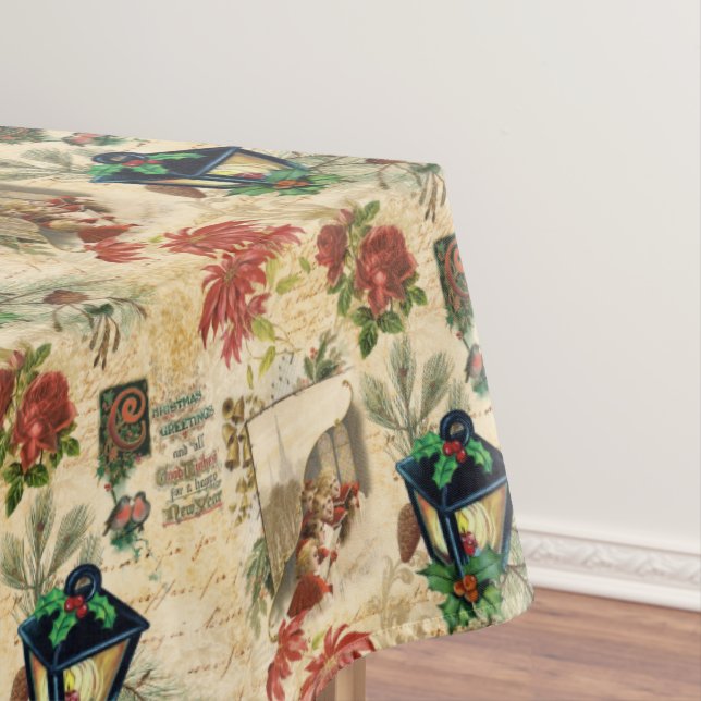 Rustic Vintage Gold Floral Christmas Ephemera Tablecloth (In Situ)