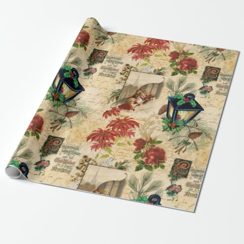 Rustic Vintage Gold Floral Christmas Ephemera Wrapping Paper