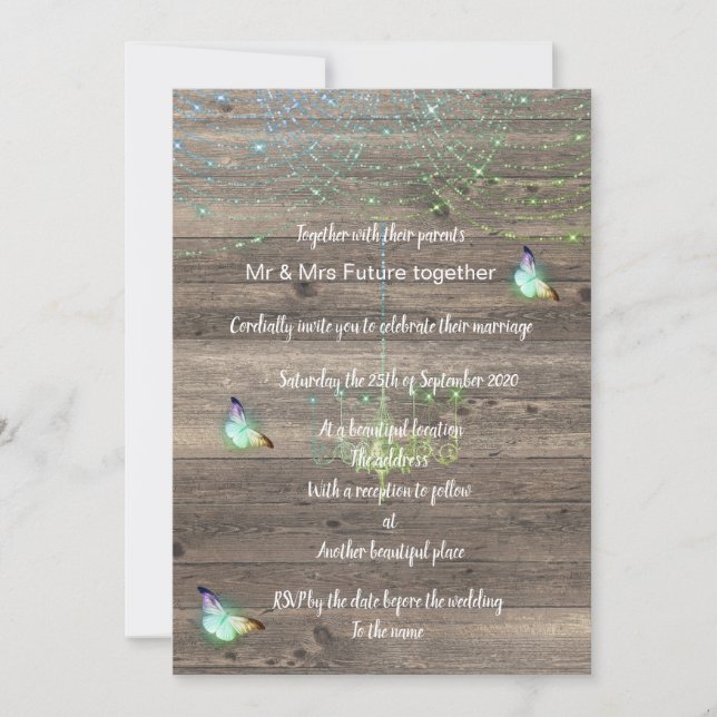 Rustic vintage green  blue butterfly wedding invitation (Front)