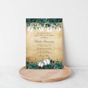Rustic Vintage Green Floral Butterfly Quinceañera Invitation