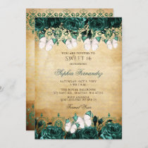 Rustic Vintage Green Floral Butterfly Sweet 16 Invitation
