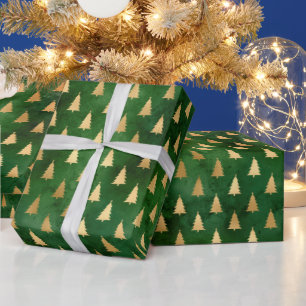 Rustic vintage green gold Christmas trees pattern Wrapping Paper