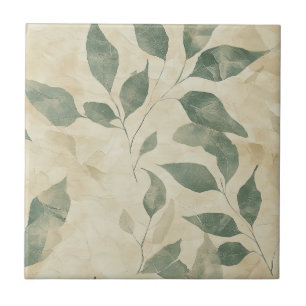 Rustic Vintage Green Leaves on Cream Fall Ceramic Tile