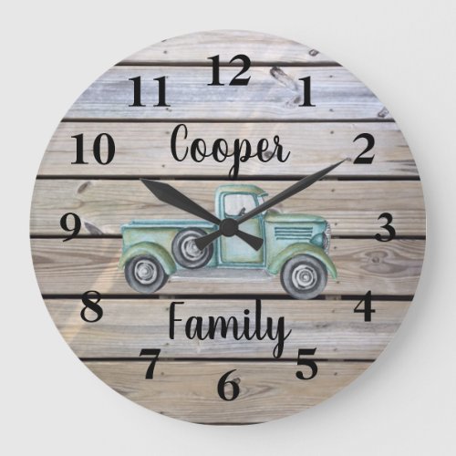 Rustic Vintage Green Truck Wood Family Name Large Clock