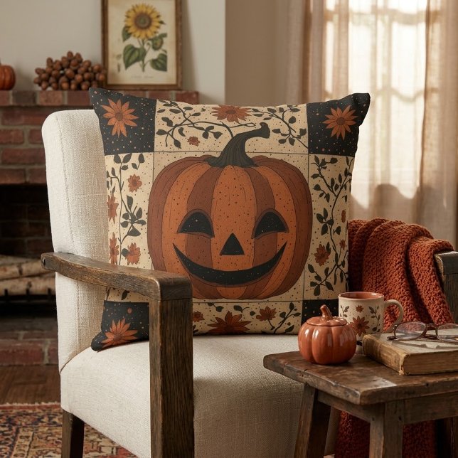 Rustic Vintage Halloween Pumpkin Patchwork Throw Pillow (Creator Uploaded)
