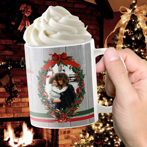 Rustic Vintage Holiday Photo Wreath Christmas Coffee Mug