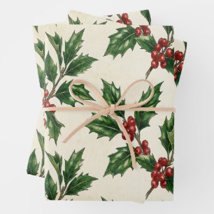 Rustic Vintage Holly and Berries Christmas Wrapping Paper Sheets