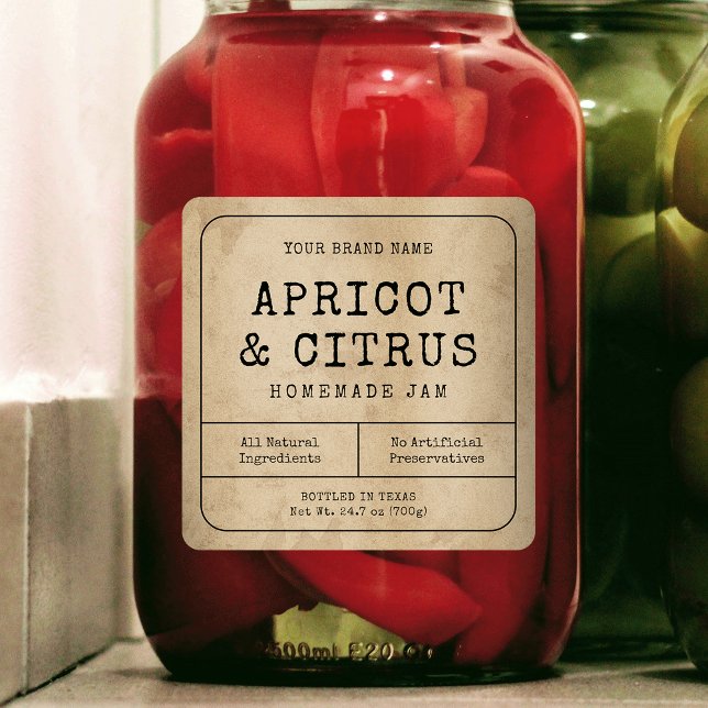 Rustic Vintage Homemade Jam Jar Square Label (Rustic brown paper effect square product labels suitable for large preserve & pickle jars)