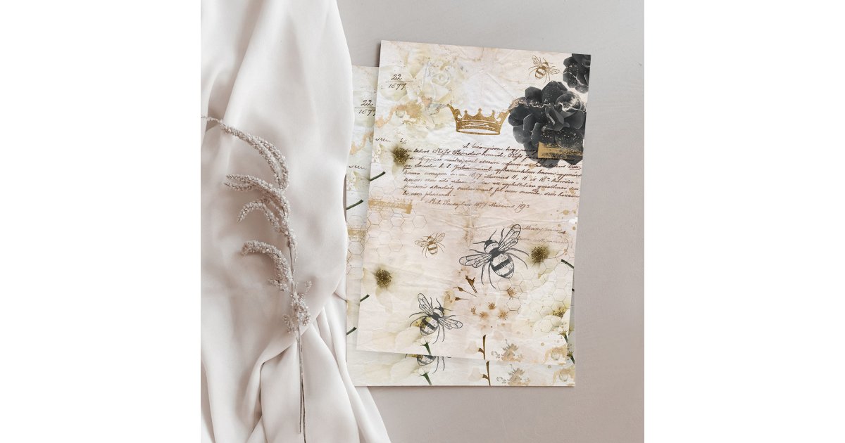 Rustic Vintage Honey Bees & Floral Roses Decoupage Tissue Paper | Zazzle