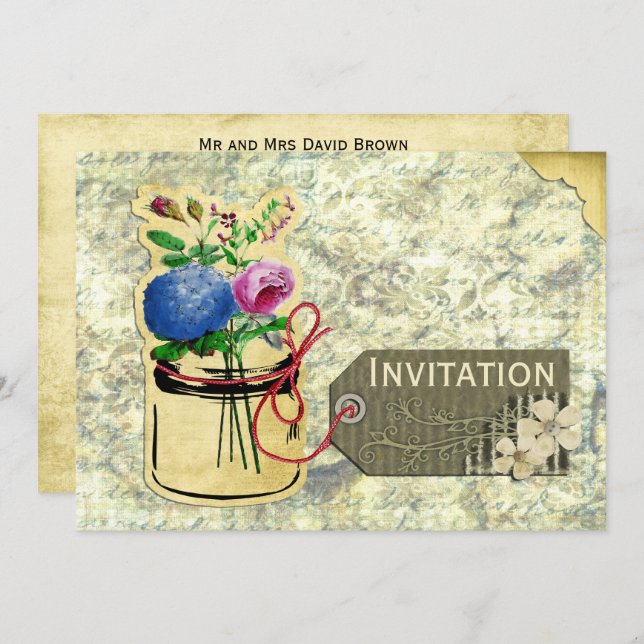 rustic vintage hydrangea roses mason jar invites (Front/Back)