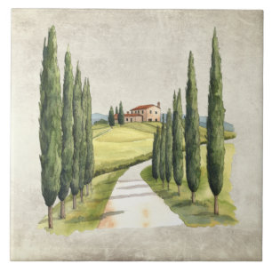 Rustic Vintage Italian Tuscany Scene Watercolor Ceramic Tile