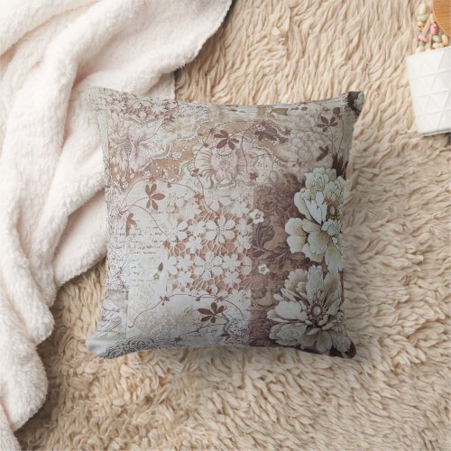 Rustic vintage ivory brown lace floral typography throw pillow