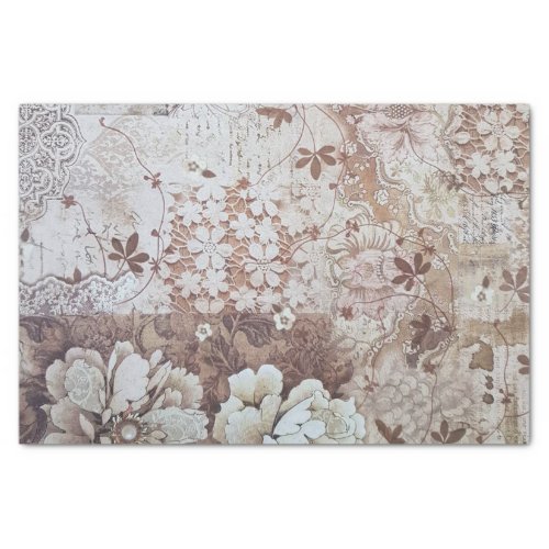 Rustic vintage ivory brown lace floral typography tissue paper