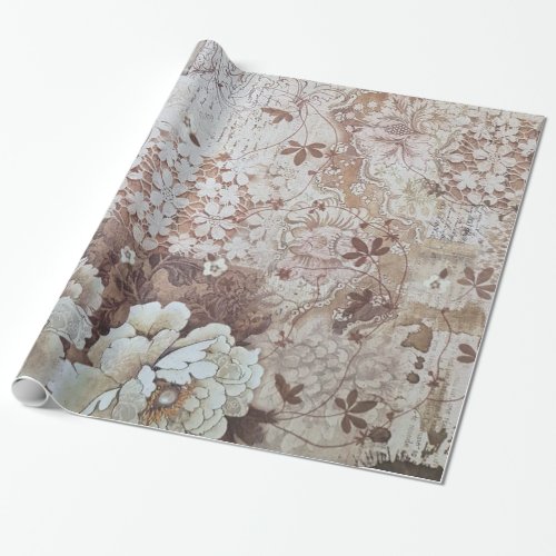 Rustic vintage ivory brown lace floral typography wrapping paper