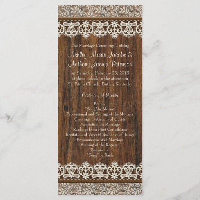 Rustic Vintage Ivory Lace Wood Wedding Program (Front)