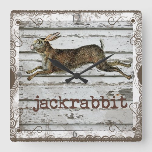 Rustic Vintage Jackrabbit Hare Drawing White Wood Square Wall Clock