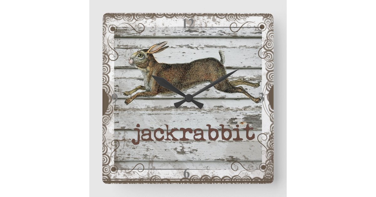 Jack Rabbit Clock Rustic Vintage Jackrabbit Hare Drawing White Wood Square Wall Clock ...