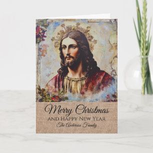 Rustic Vintage Jesus Merry Christmas Family Name Card