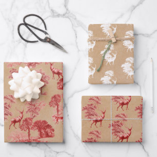 Rustic Vintage Kraft Paper Red Toile Deer