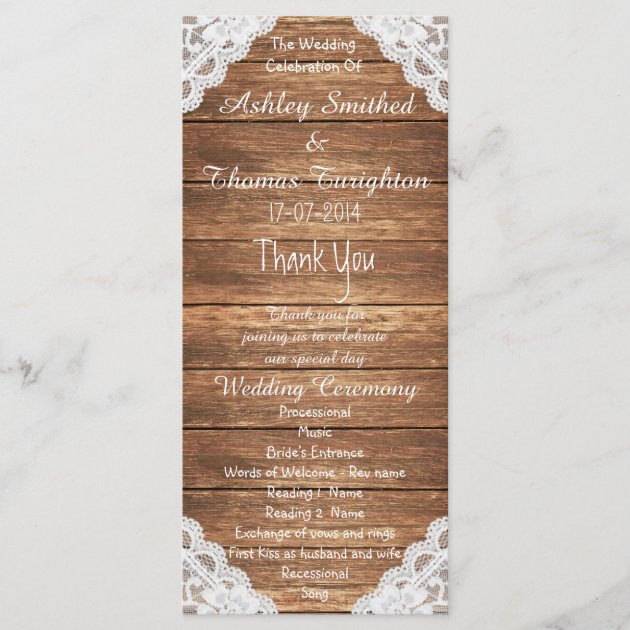 Rustic Vintage Lace Brown Wood Wedding Programs