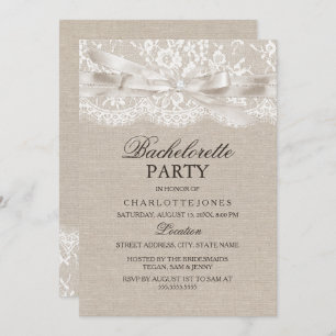 Rustic Vintage Lace Burlap Bachelorette Party Invitation