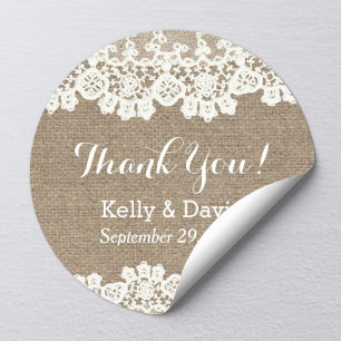 Rustic Vintage Lace & Burlap Wedding Favor Classic Round Sticker