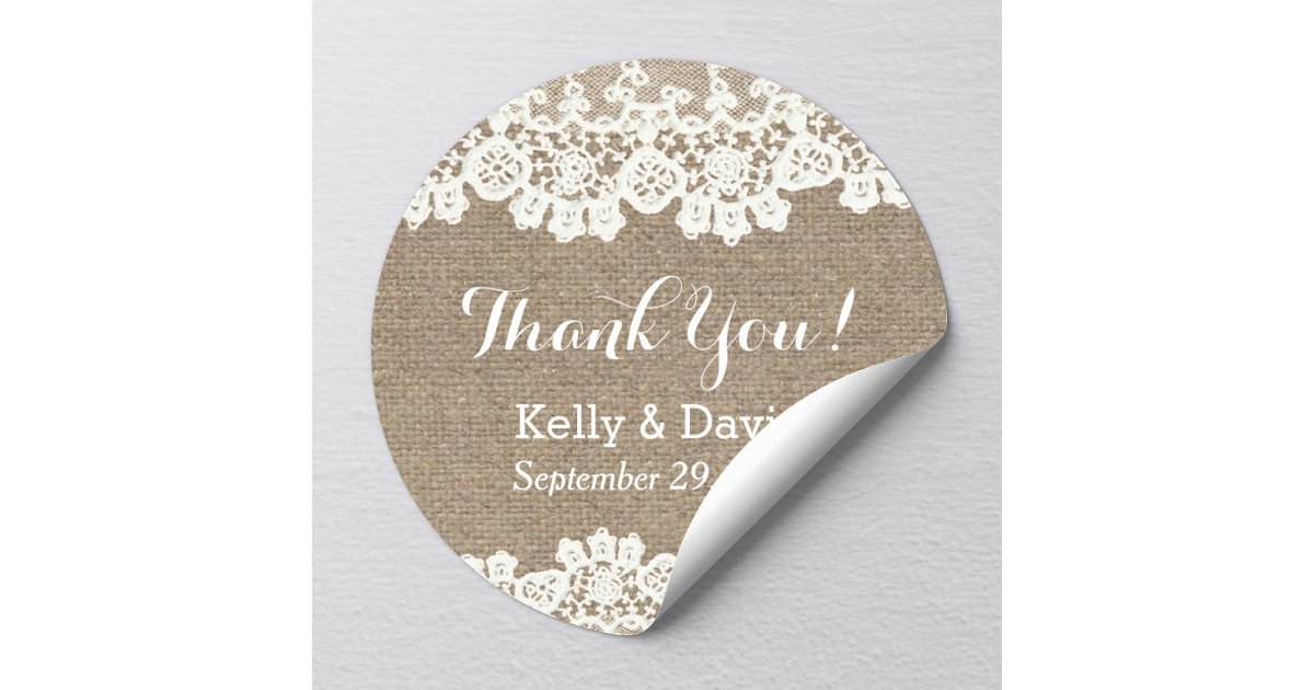 Rustic Vintage Lace & Burlap Wedding Favor Classic Round Sticker | Zazzle