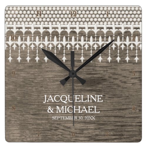 Rustic Vintage Lace Fence Board Script Typography Square Wallclocks