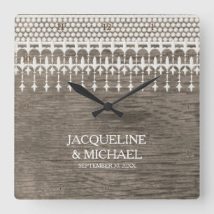 Rustic Vintage Lace Fence Board Script Typography Square Wall Clock