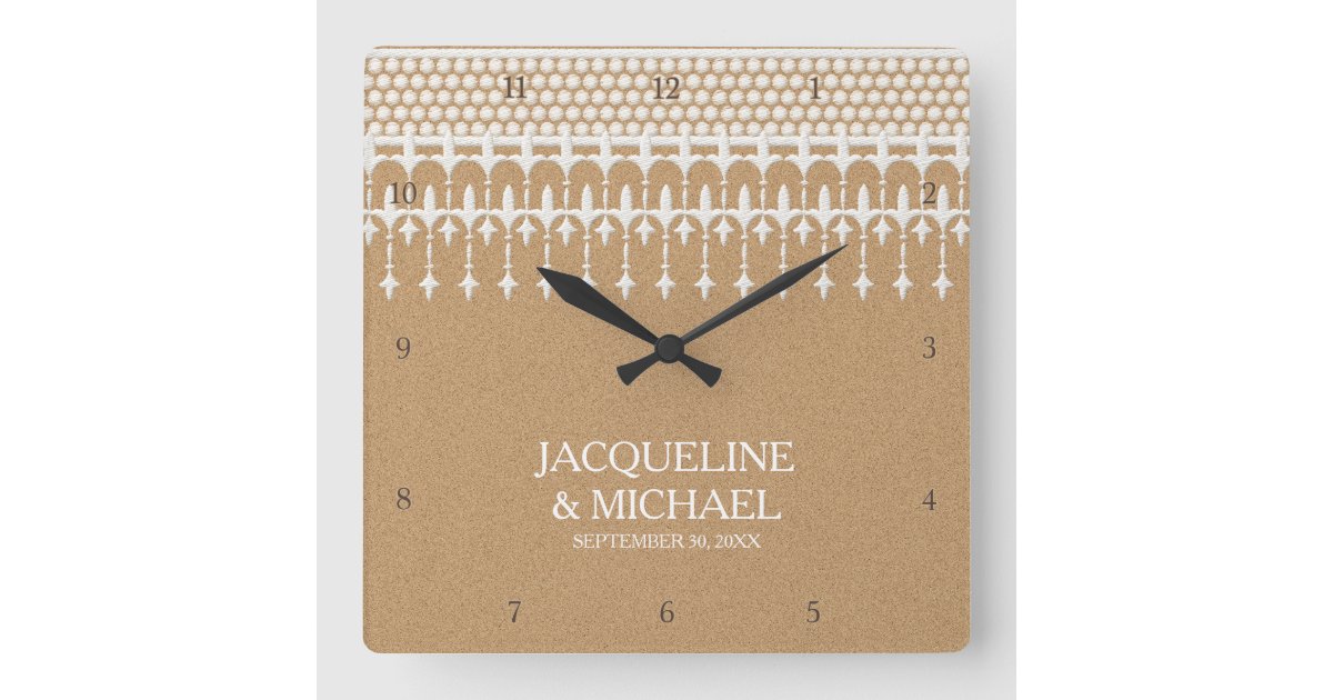 Rustic Vintage Lace Kraft Paper Script Typography Square Wall Clock ...