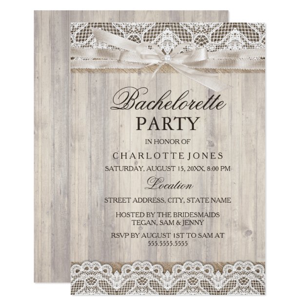 Rustic Vintage Lace & Wood Bachelorette Party Invitation