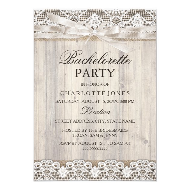 Rustic Vintage Lace & Wood Bachelorette Party Invitation