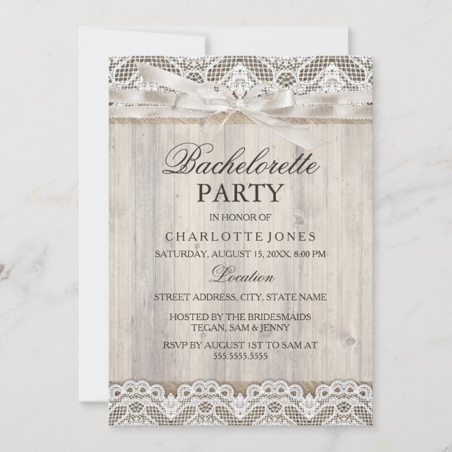Rustic Vintage Lace & Wood Bachelorette Party Invitation (Front)