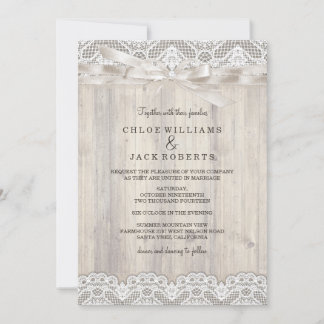 Rustic Vintage Lace & Wood Wedding Invitation