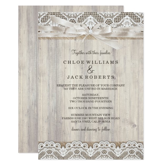 Rustic Vintage Lace & Wood Wedding Invitation