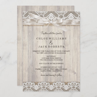 Rustic Vintage Lace & Wood Wedding Invitation