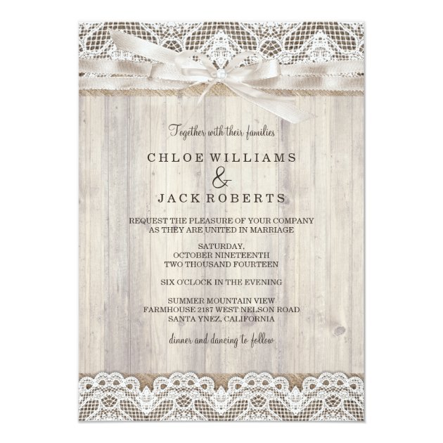 Rustic Vintage Lace & Wood Wedding Invitation