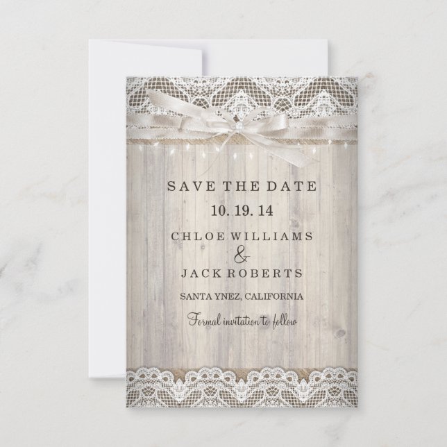 Rustic Vintage Lace Wood Wedding Save The Date (Front)