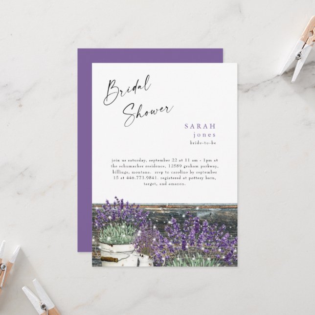 Rustic Vintage Lavender Wood  Lights Bridal Shower Invitation (Front/Back In Situ)