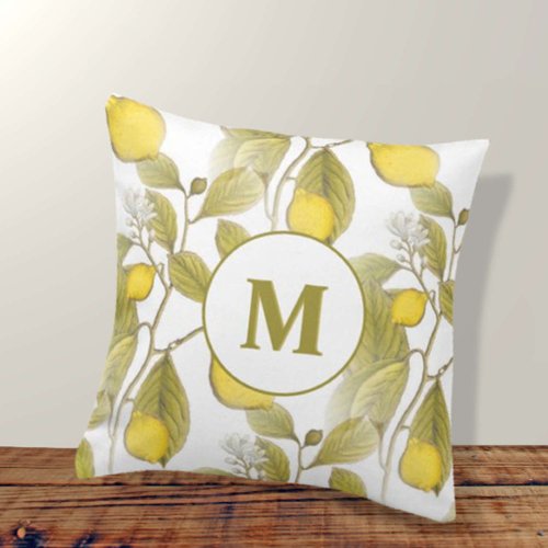 Rustic Vintage Lemon Tree Pattern Monogram Throw Pillow