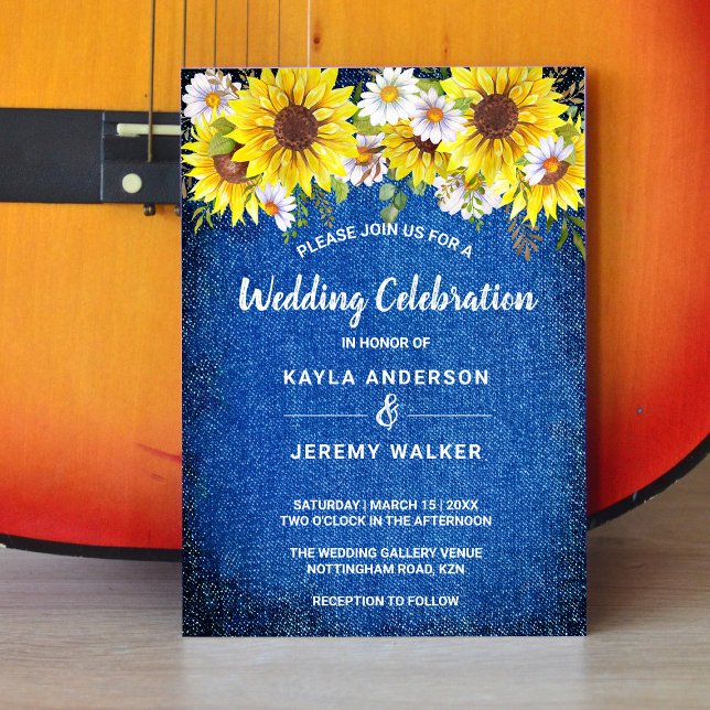 Rustic vintage look blue denim sunflowers daisies  invitation (Creator Uploaded)