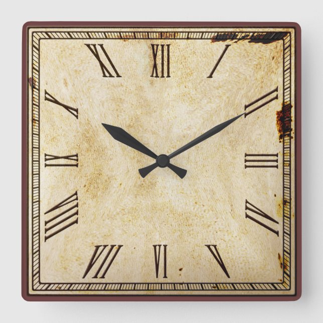 Rustic Vintage Look Square Roman Numeral Wall Clock (Front)