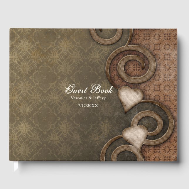 Rustic Vintage Looking Brown Hearts Wedding Guest Book (Front)