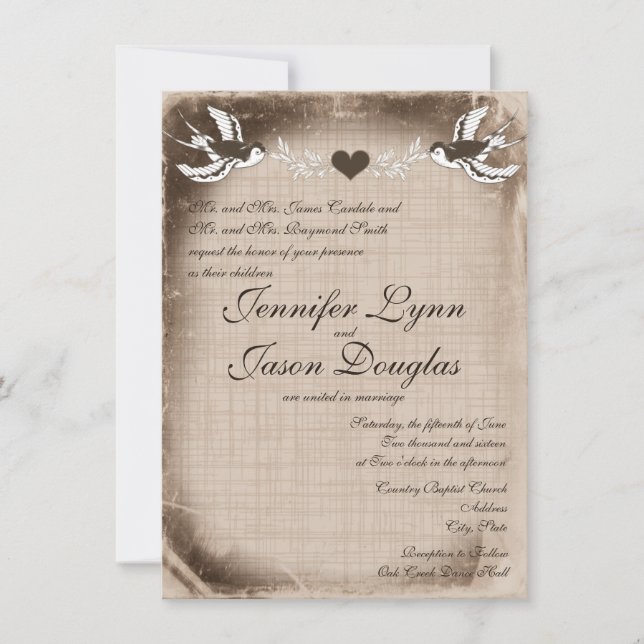 Rustic Vintage Love Birds Wedding Invitations (Front)