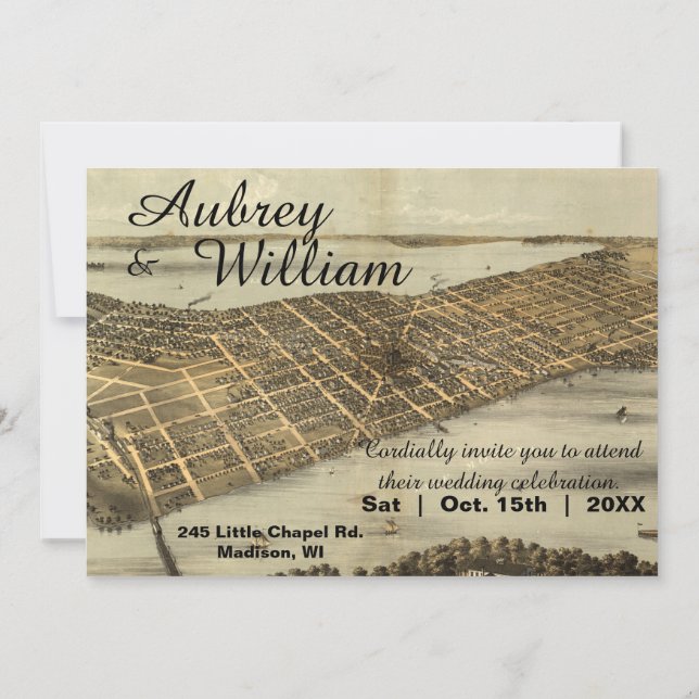 Rustic Vintage Madison WI Map Wedding Invitation (Back)