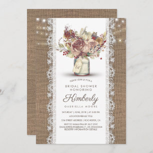 Rustic Vintage Mason Jar Burlap Lace Bridal Shower Invitation