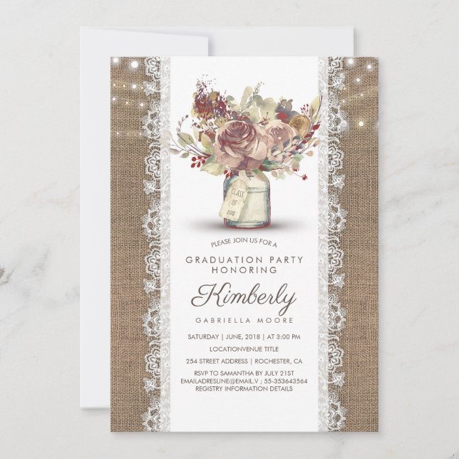 Rustic Vintage Mason Jar Burlap Lace Graduation Invitation (Front)