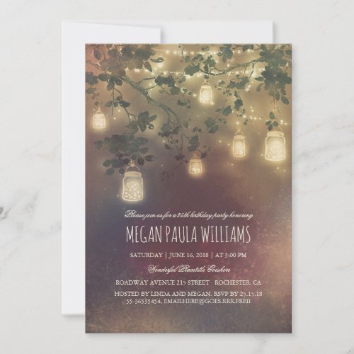 Rustic Vintage Mason Jar Lights Birthday Party Invitation - Rustic country birthday party invitation features string lights, mason jars, fireflies, and tree branches.