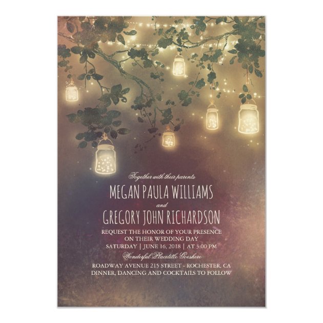 Rustic Vintage Mason Jar Lights Branches Wedding Invitation