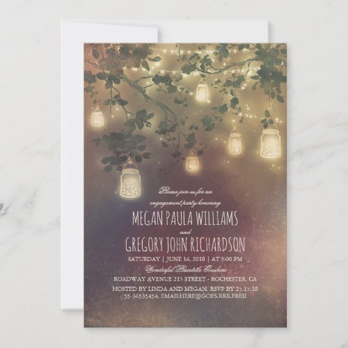 Rustic Vintage Mason Jar Lights Engagement Party Invitation - Rustic country engagement party invitation features string lights, mason jars, fireflies, and tree branches.
